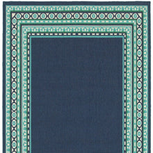 2’X8’ Navy And Green Geometric Indoor Outdoor Runner Rug
