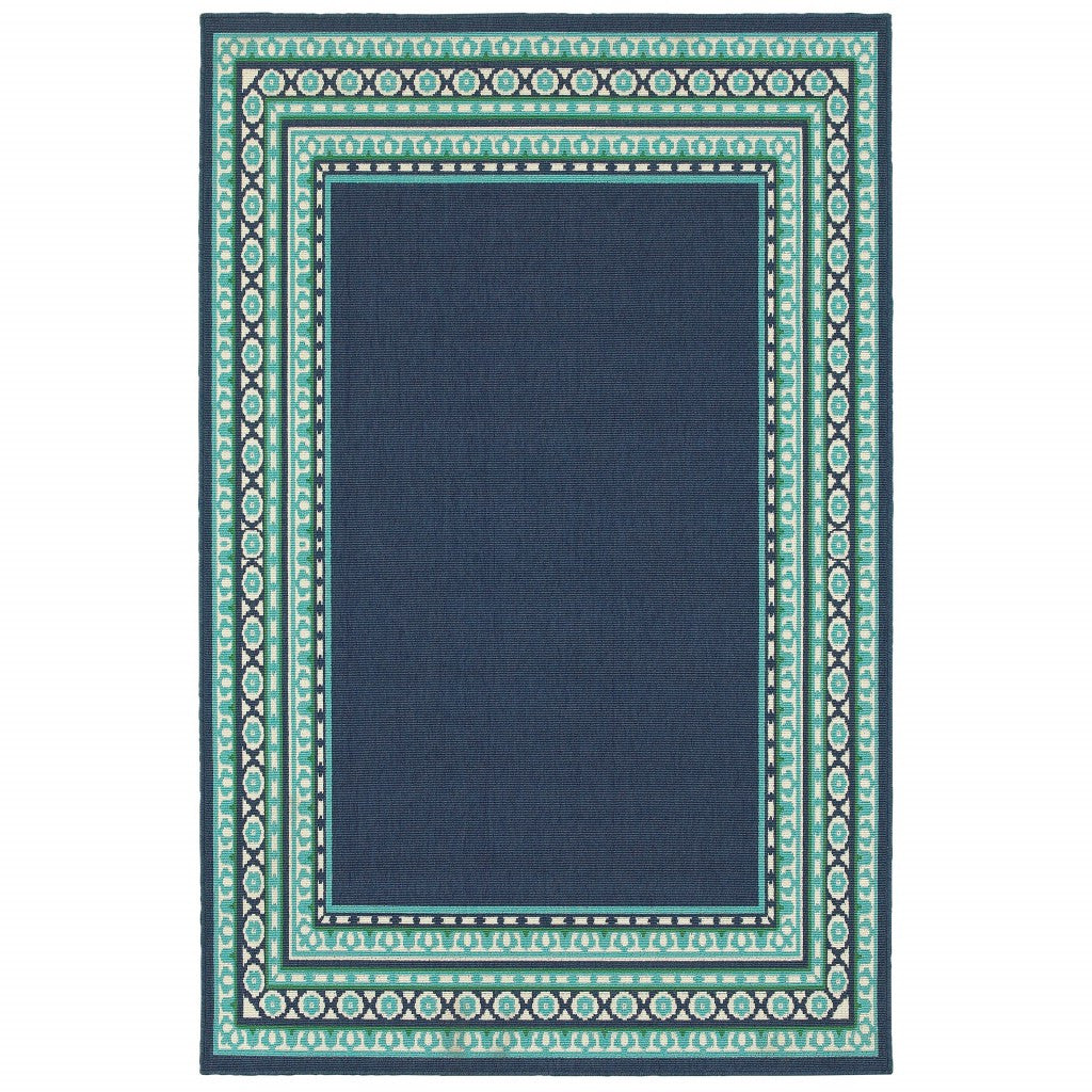 2’X8’ Navy And Green Geometric Indoor Outdoor Runner Rug