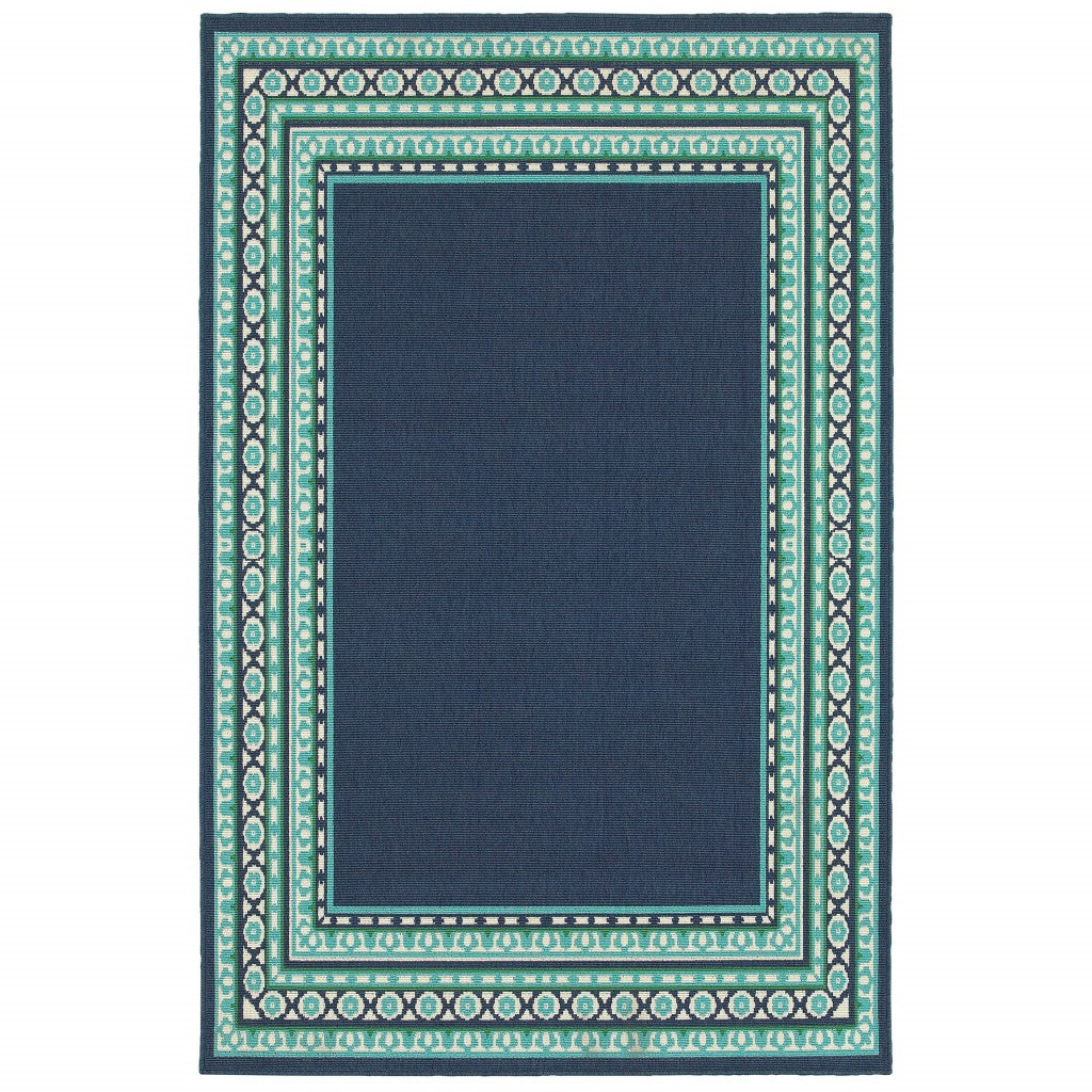 2’X8’ Navy And Green Geometric Indoor Outdoor Runner Rug