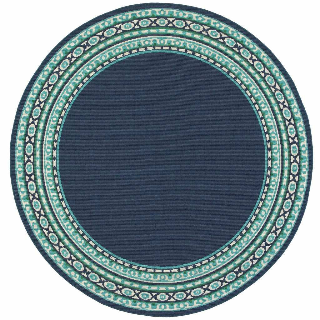 2’X8’ Navy And Green Geometric Indoor Outdoor Runner Rug