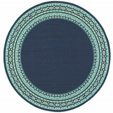 2’X8’ Navy And Green Geometric Indoor Outdoor Runner Rug