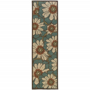 2’X8’ Blue And Brown Floral Indoor Outdoor Runner Rug