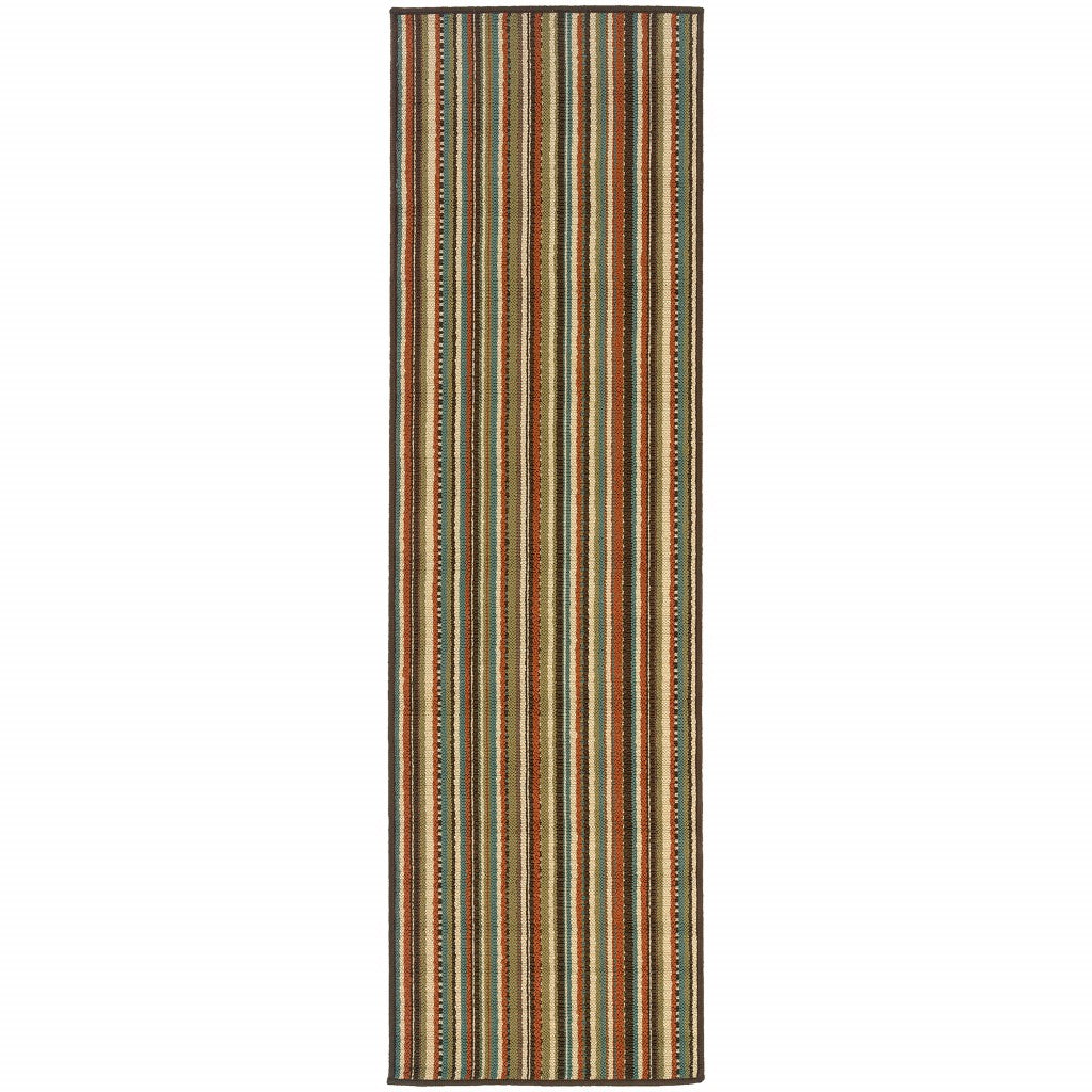 2’X8’ Green And Brown Striped Indoor Outdoor Runner Rug