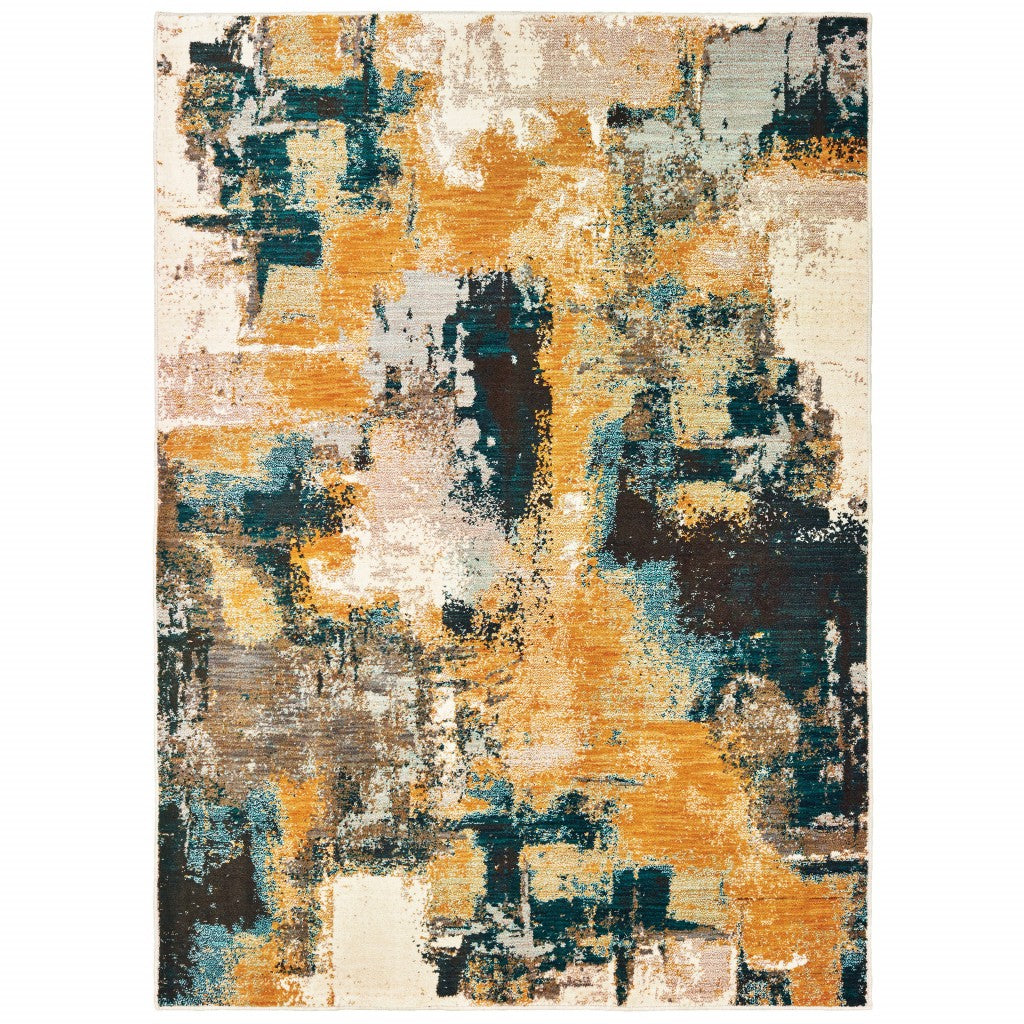 Blue And Gold Abstract Strokes Scatter Rug - 2’ x 3’