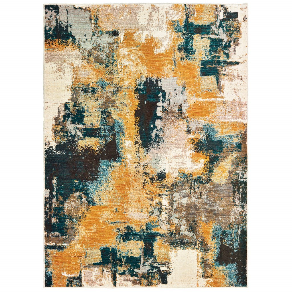 Blue And Gold Abstract Strokes Scatter Rug - 2’ x 3’