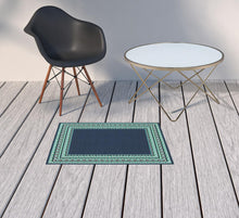 2’X8’ Navy And Green Geometric Indoor Outdoor Runner Rug