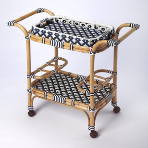 Blue And White Rattan Bar Cart