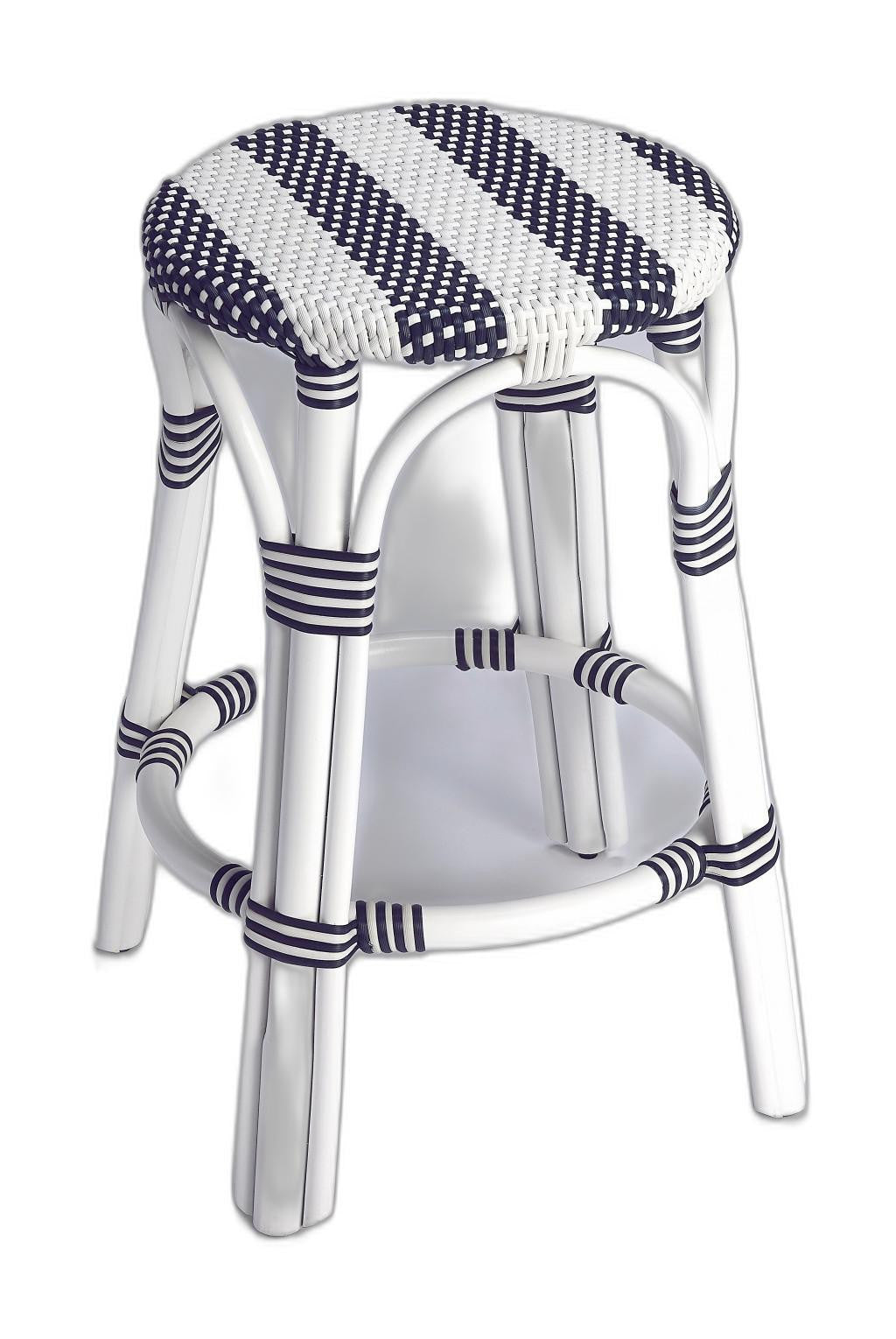 Classic White And Navy Blue Rattan Counter Stool