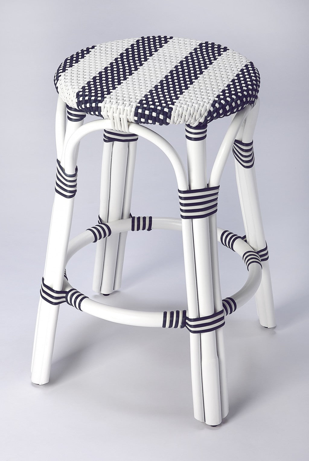 Classic White And Navy Blue Rattan Counter Stool