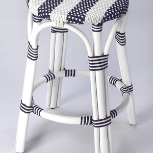 Classic White And Navy Blue Rattan Counter Stool