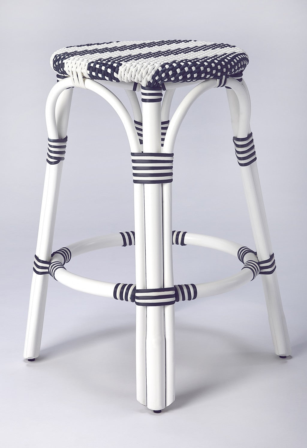 Classic White And Navy Blue Rattan Counter Stool