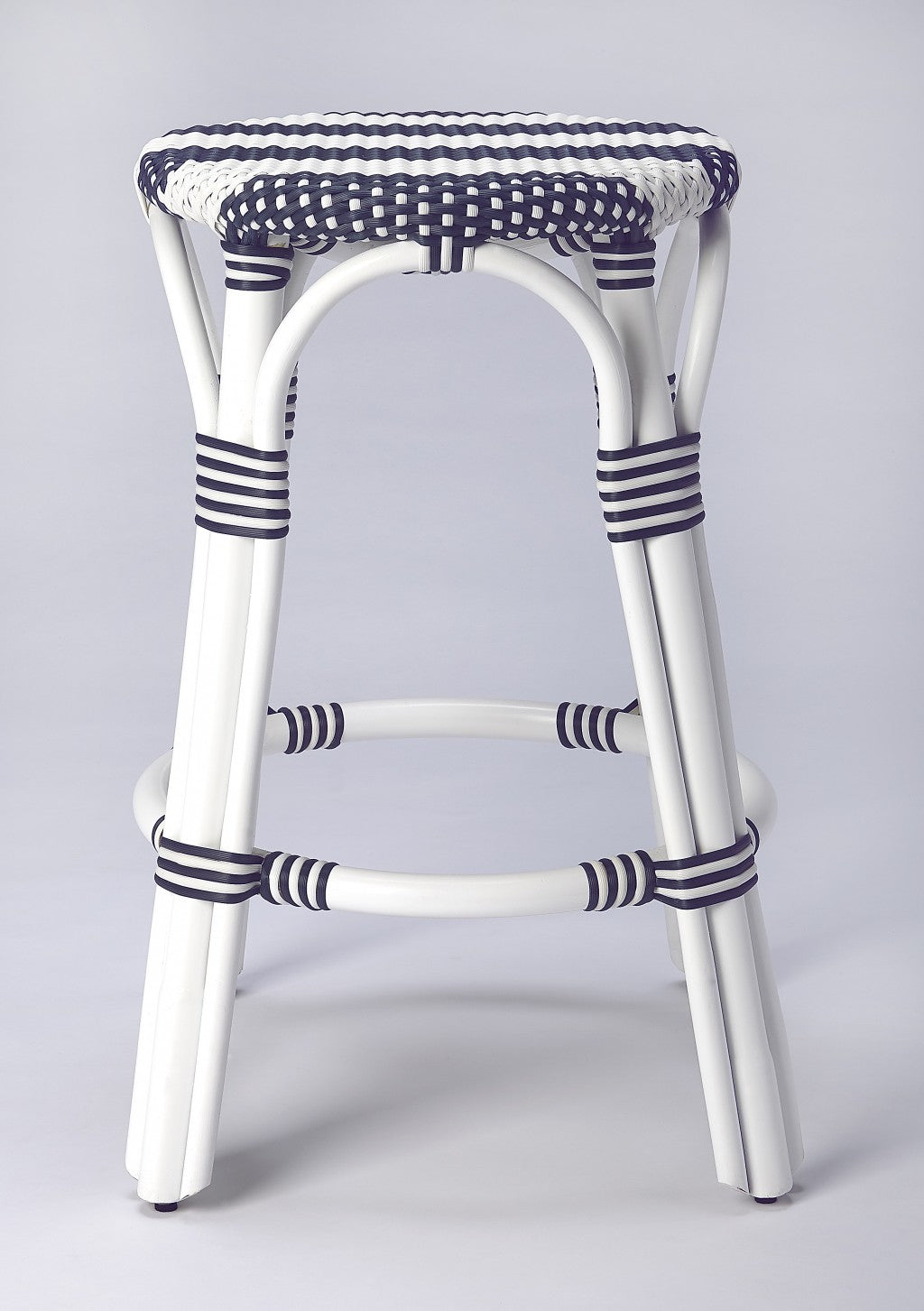 Classic White And Navy Blue Rattan Counter Stool
