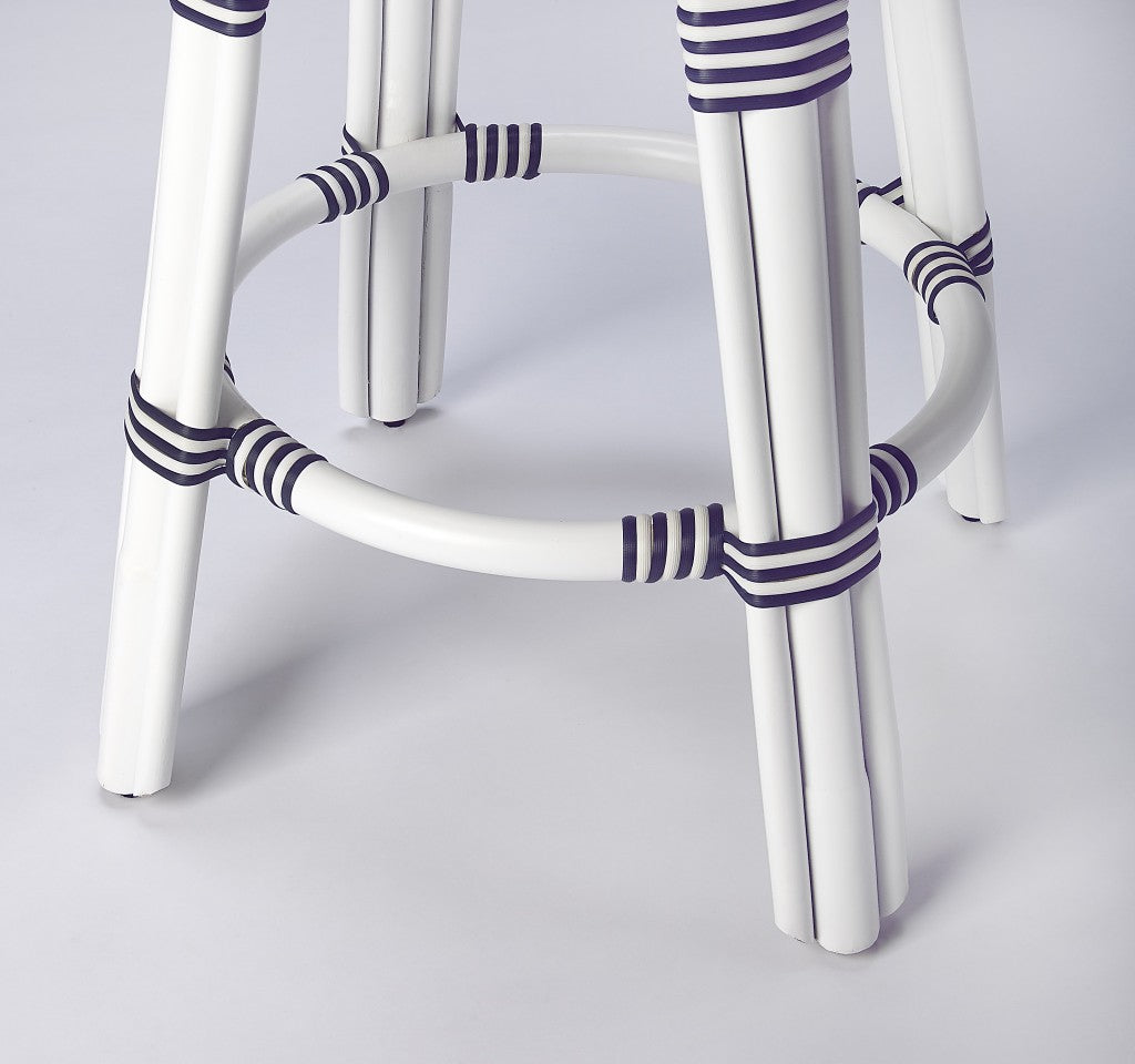 Classic White And Navy Blue Rattan Counter Stool