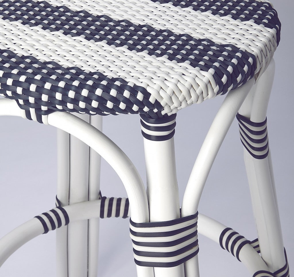 Classic White And Navy Blue Rattan Counter Stool