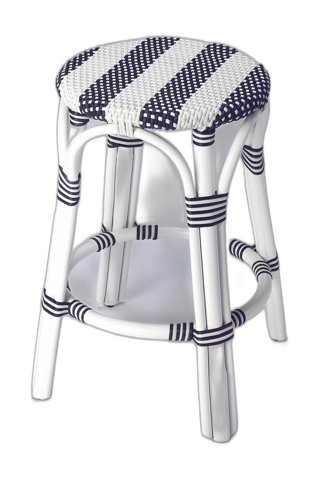 Classic White And Navy Blue Rattan Counter Stool
