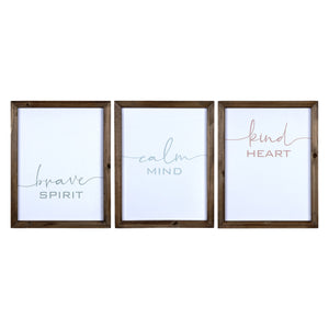 Set Of 3 Wooden Brave Calm Kind Wall Frame Decor