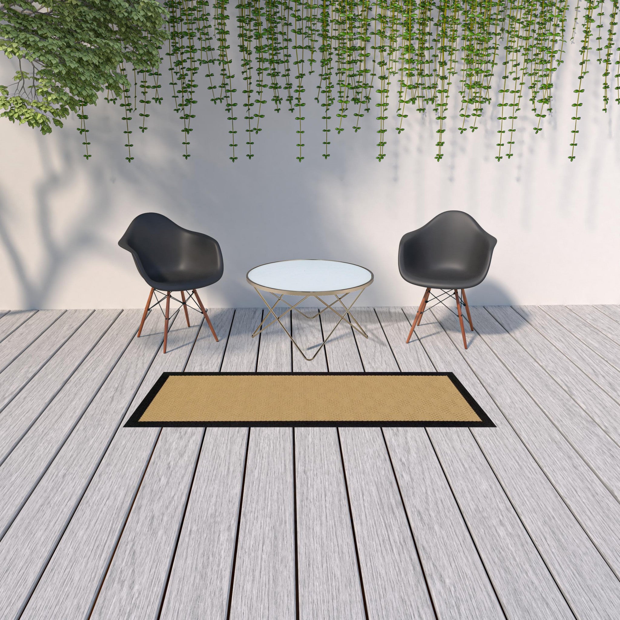 2’X8’ Beige And Black Plain Indoor Outdoor Runner Rug