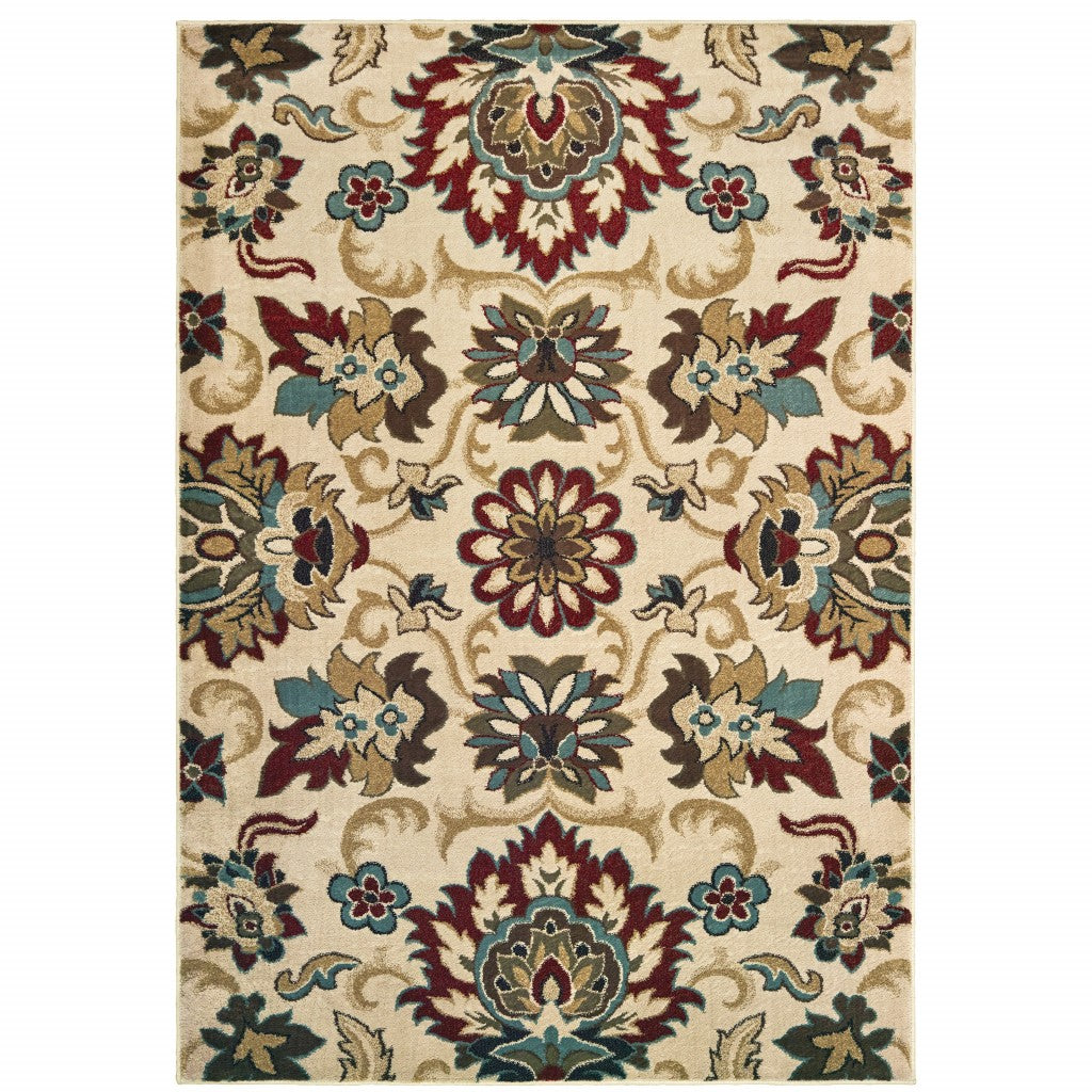 3’X5’ Ivory And Red Floral Vines Area Rug