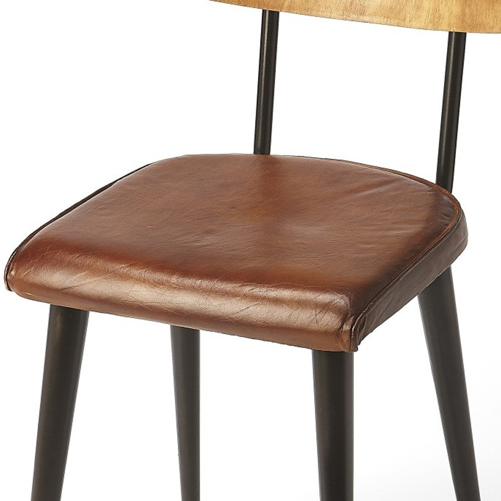Silla de comedor de cuero de metal y madera