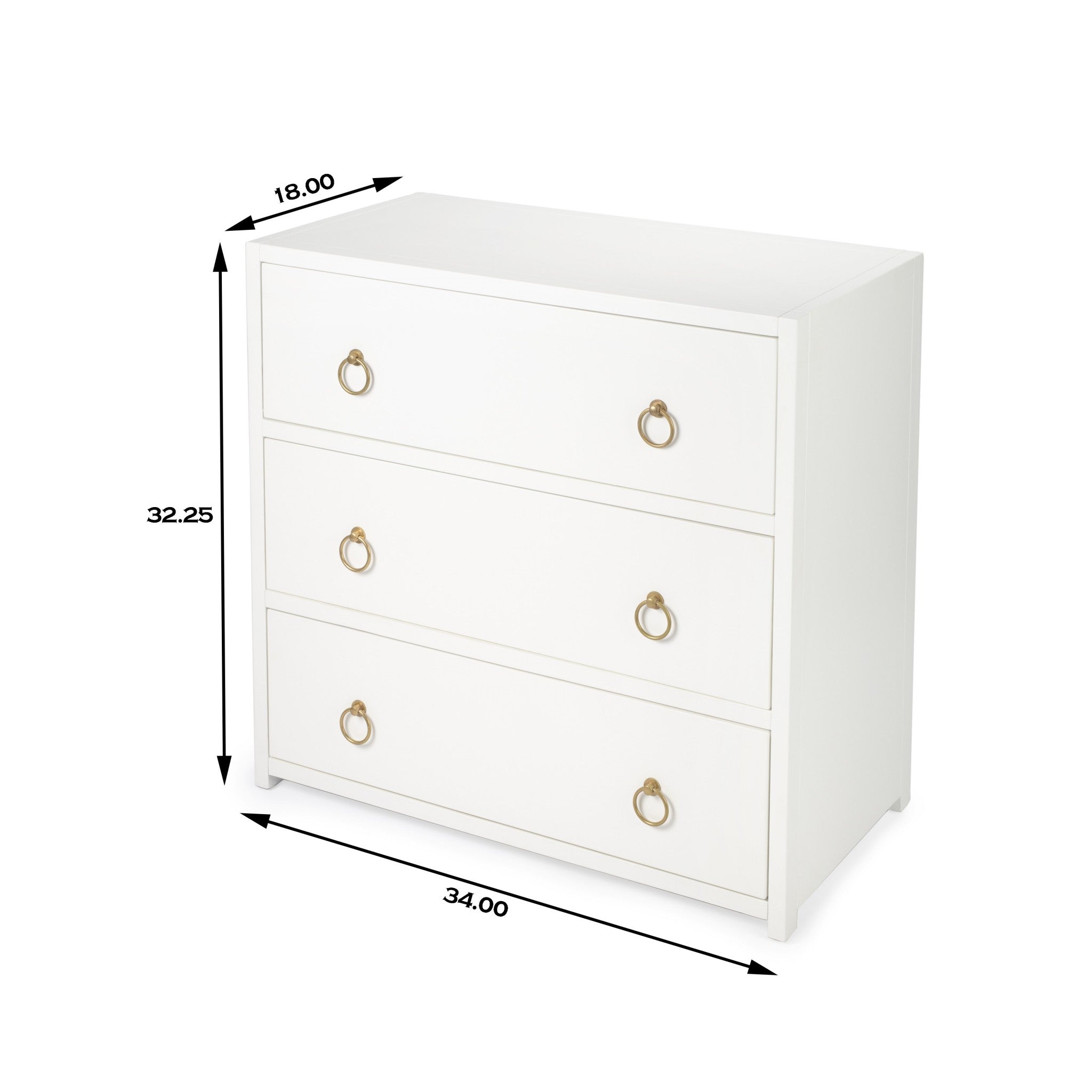 34" White Manufactured Wood Three Drawer Standard Dresser