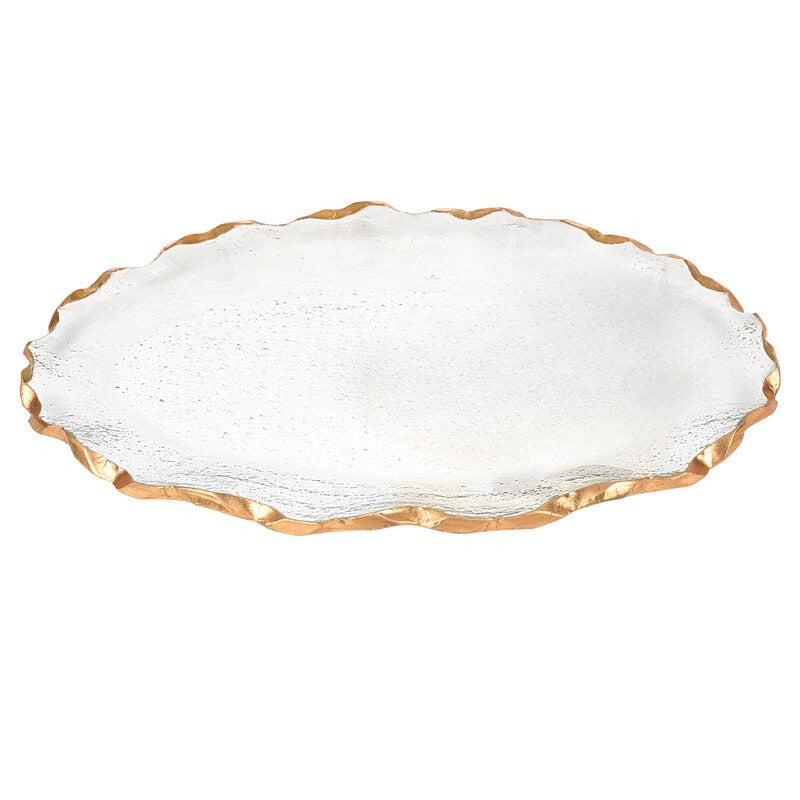 Bubble Glass Scalloped Gold Rim Round Platter Or Tray