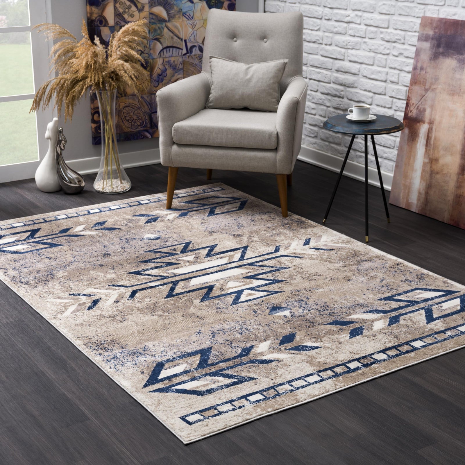 2’ X 3’ Beige And Blue Boho Chic Scatter Rug