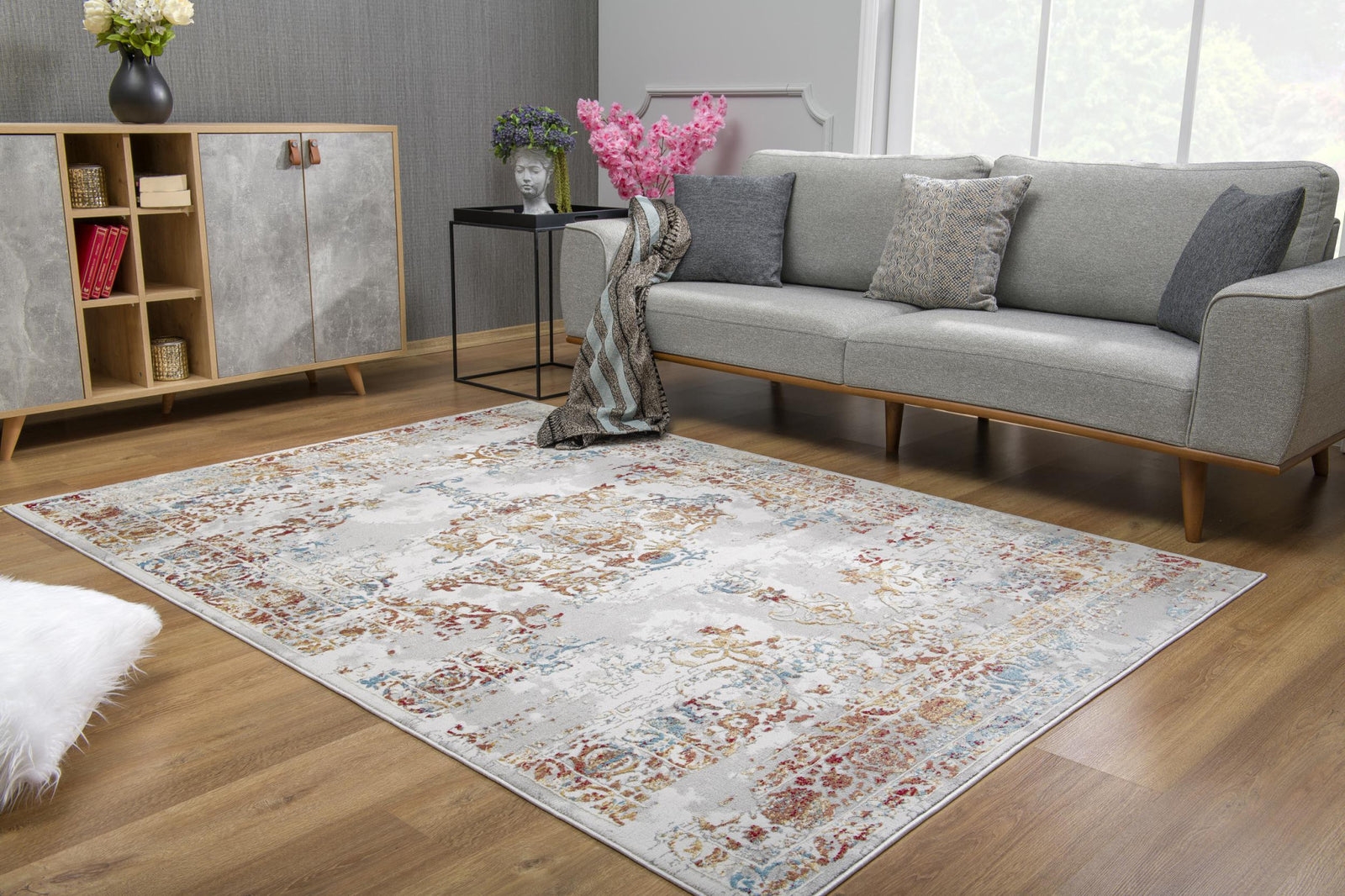 3’ X 5’ Gray And Beige Distressed Ornate Area Rug