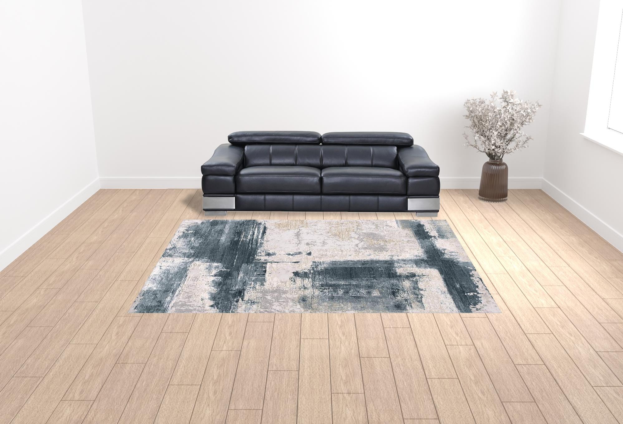 Cream And Blue Abstract Patches Runner Rug - 2’ x 10’