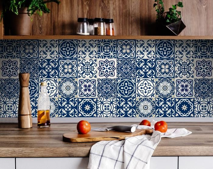 Midnight Blue And White Peel And Stick Removable Tiles 4" x 4"