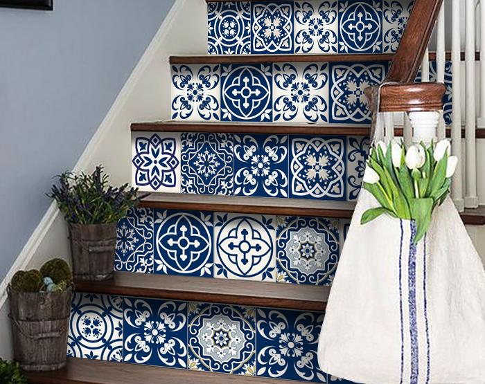 Midnight Blue And White Peel And Stick Removable Tiles 4" x 4"