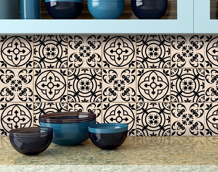 4" X 4" Cream And Black Mosaic Peel And Stick Removable Tiles