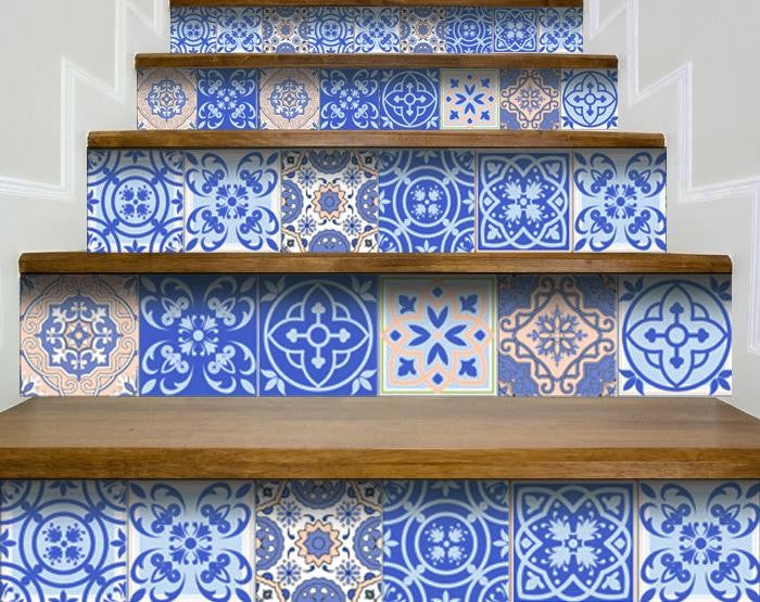 4" X 4" Dark And Light Blue Mosaic Peel And Stick Removable Tiles