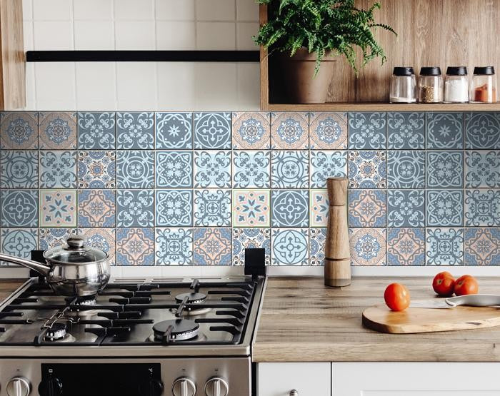 4" X 4" Baby Blue And Peach Mosaic Peel And Stick Removable Tiles