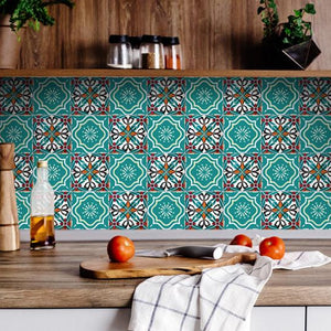 4" X 4" Turq And Terra Cotta Scroll Peel And Stick Removable Tiles