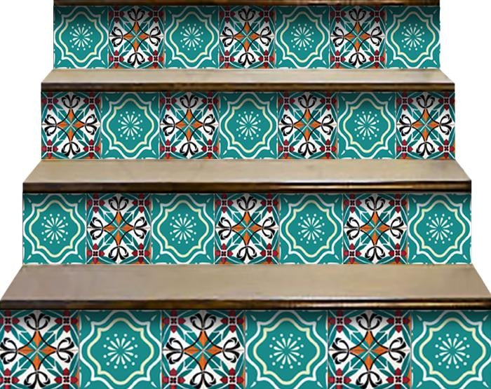 4" X 4" Turq And Terra Cotta Scroll Peel And Stick Removable Tiles