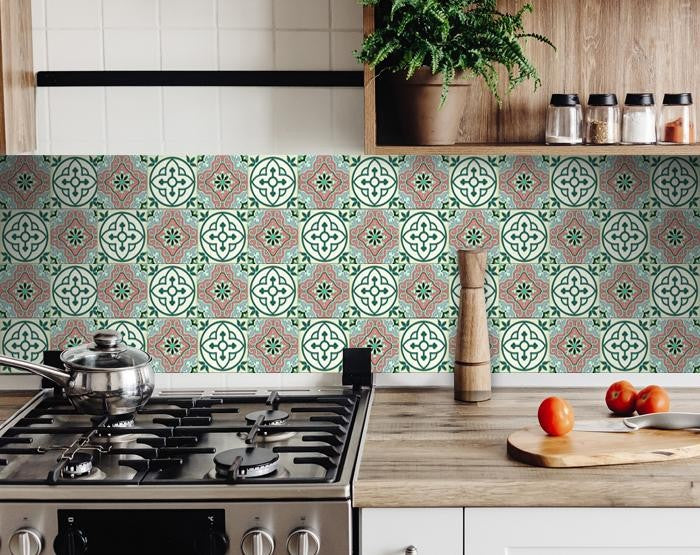 Vintage Green And Taupe Mosaic Peel And Stick Removable Tiles - 4" x 4"