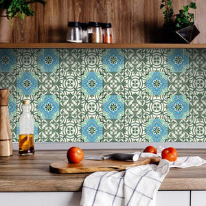 4" X 4" Sage And Aqua Floral Peel And Stick Removable Tiles