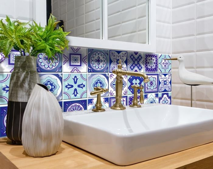 4" X 4" Vintage Turq Blue And White Peel And Stick Removable Tiles