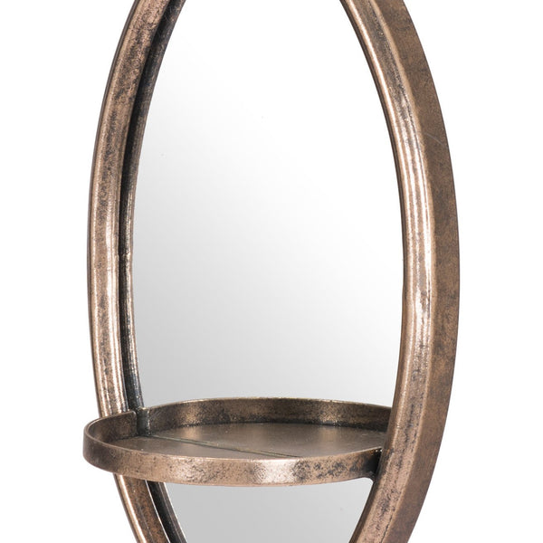 Antiqued Gold Oval Mirror with Petite Shelf