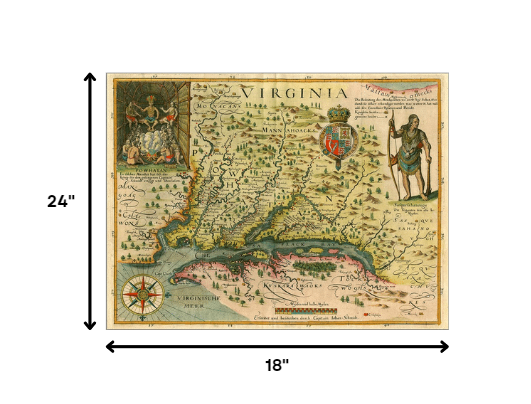 24" X 32" Map Of Virginia C1627 Vintage  Poster Wall Art