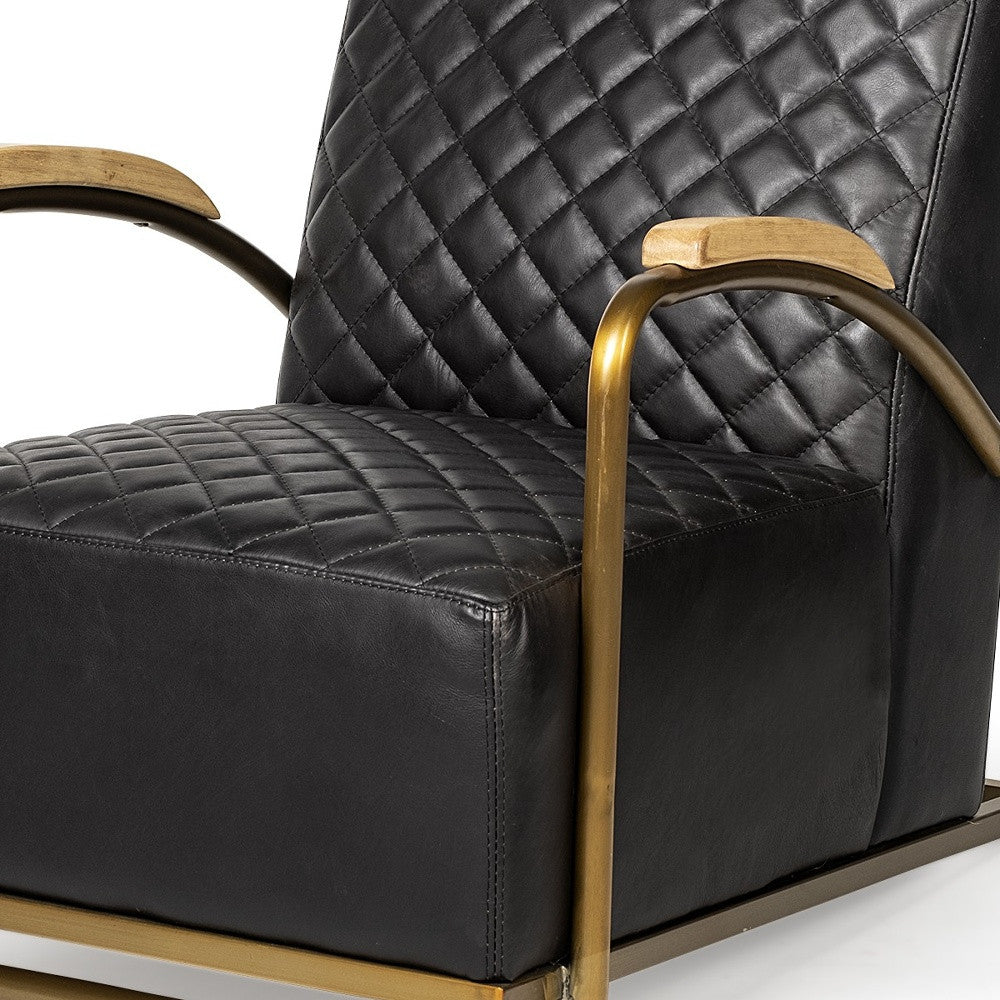 Black Leather Diamond Pattern Gold Club Chair