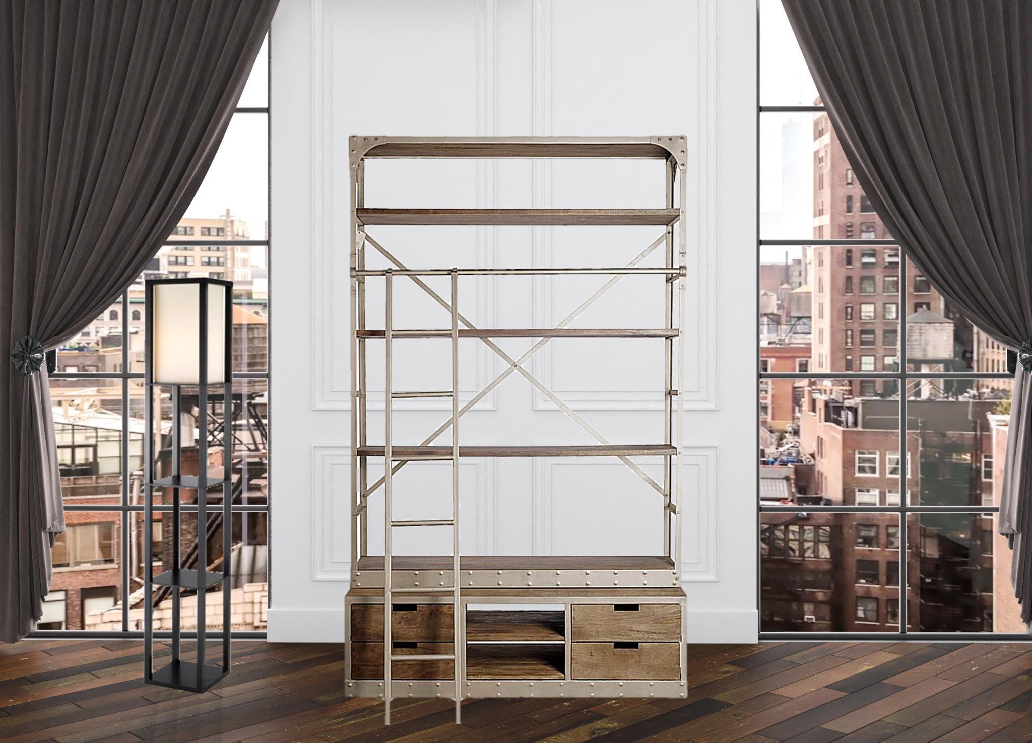 Gray Metal Shelving Unit With Light Brown Storage