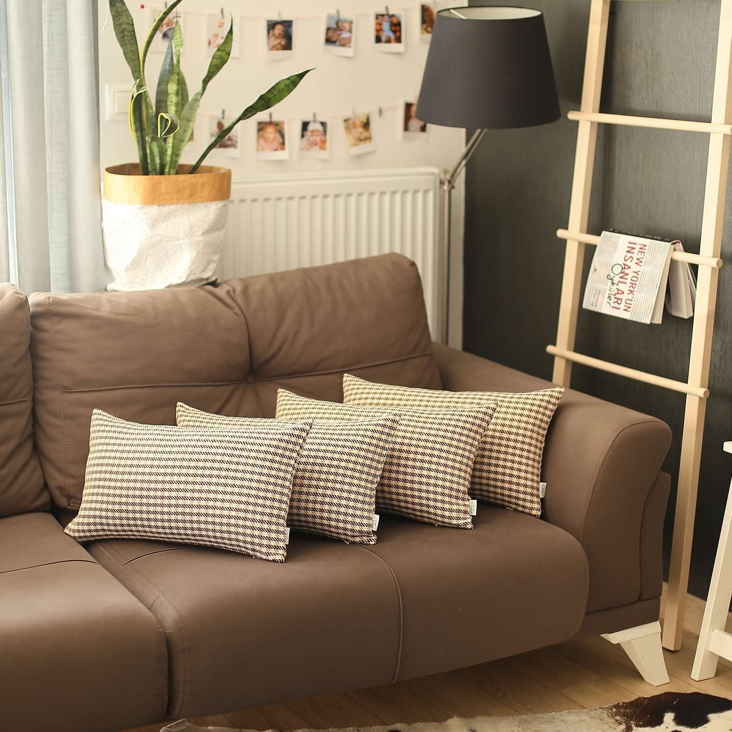 Set Of 4 Peach Houndstooth Lumbar Pillow Covers