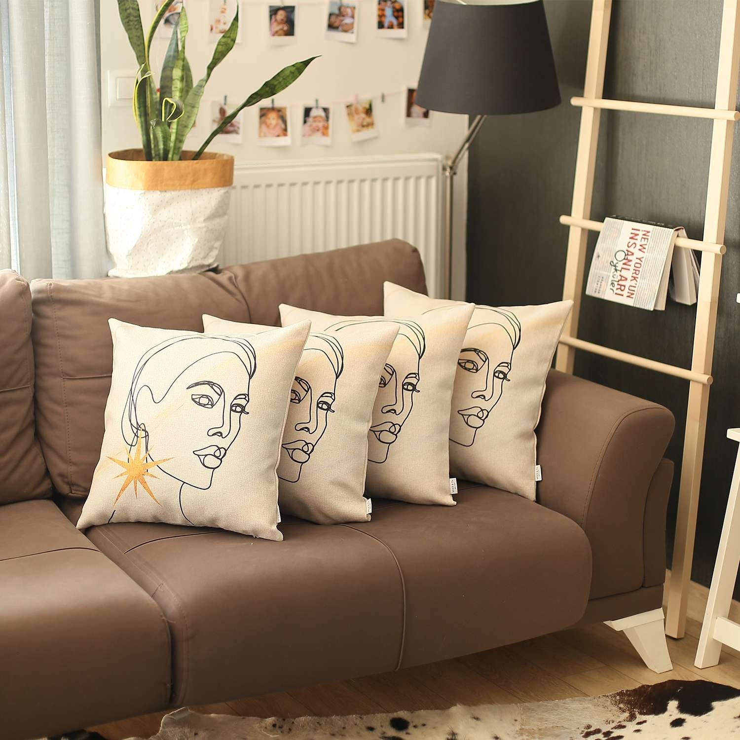 Set Of 4 White Printed Art Pillow Covers