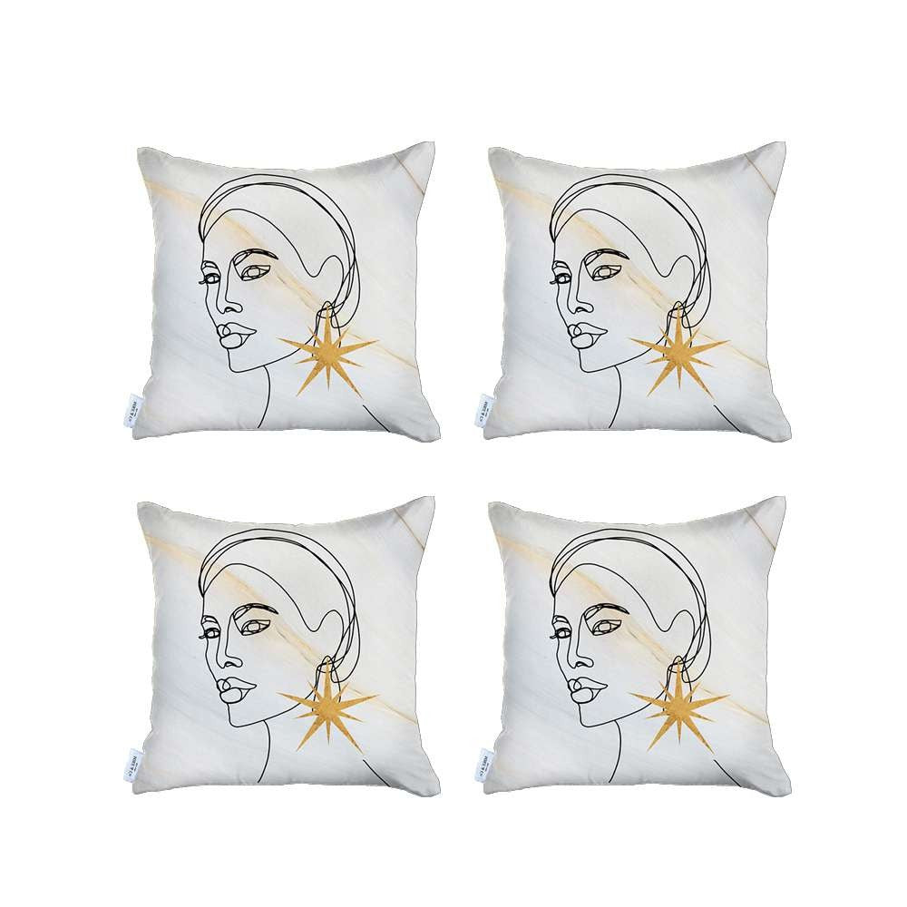 Set Of 4 White Printed Art Pillow Covers