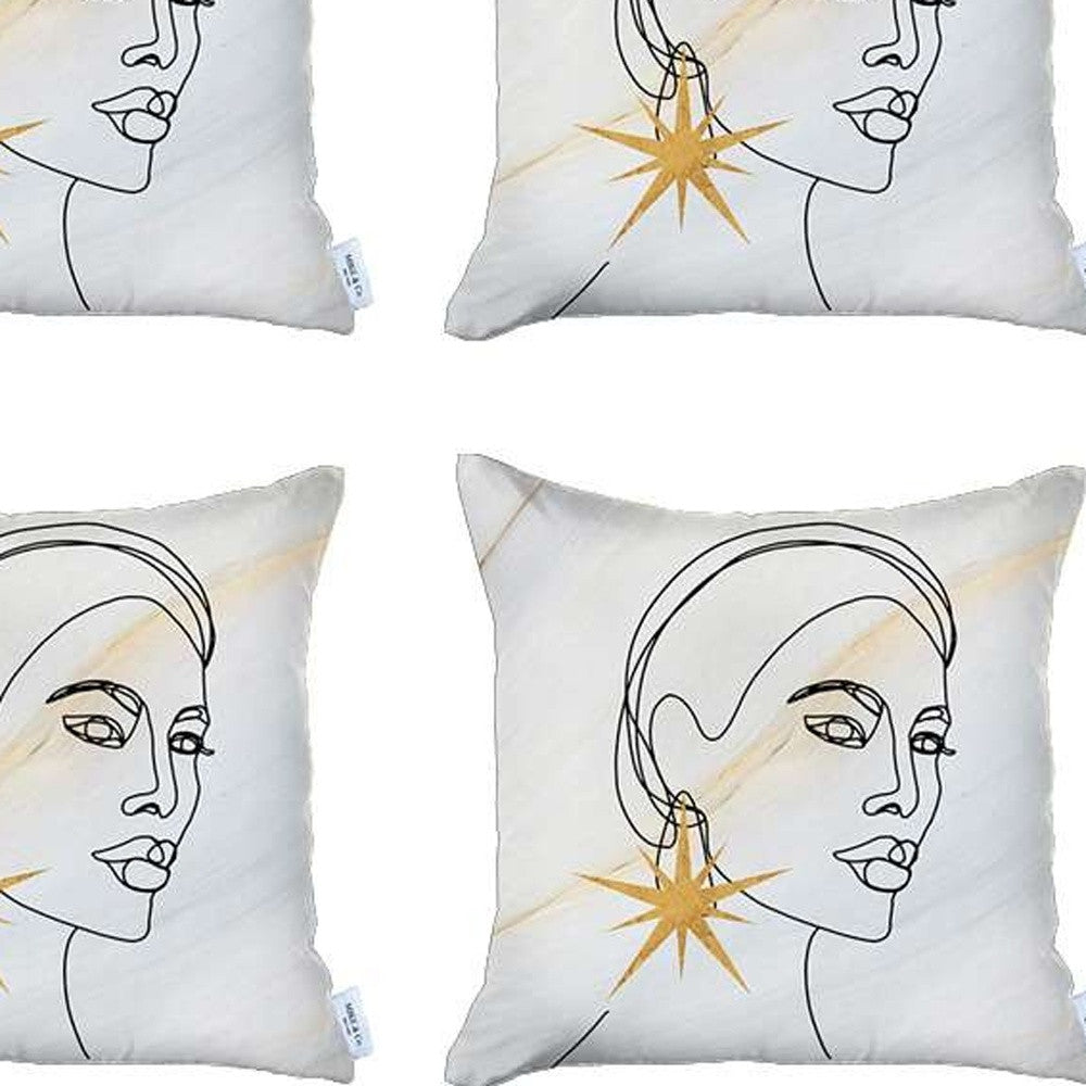 Set Of 4 White Printed Art Pillow Covers