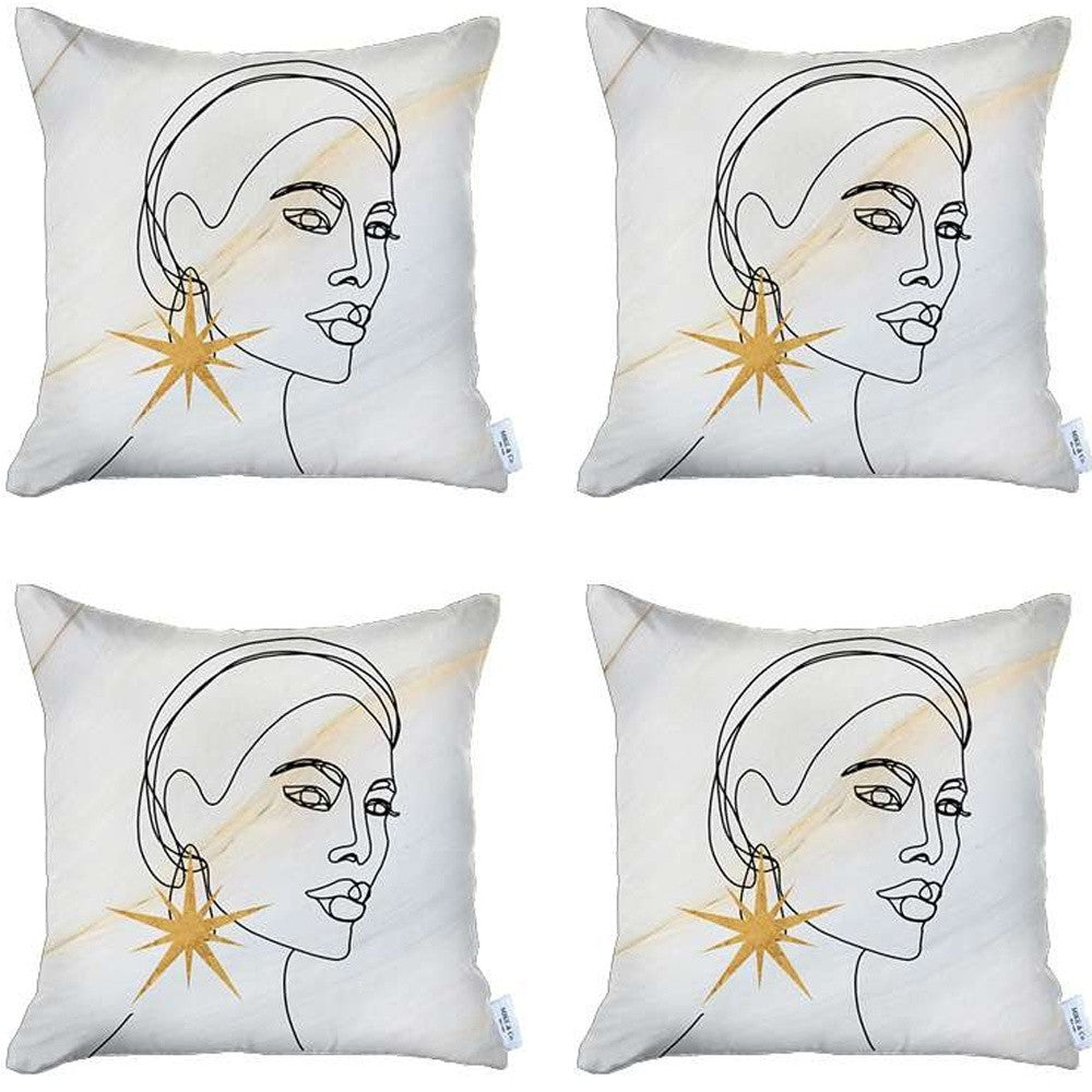 Set Of 4 White Printed Art Pillow Covers
