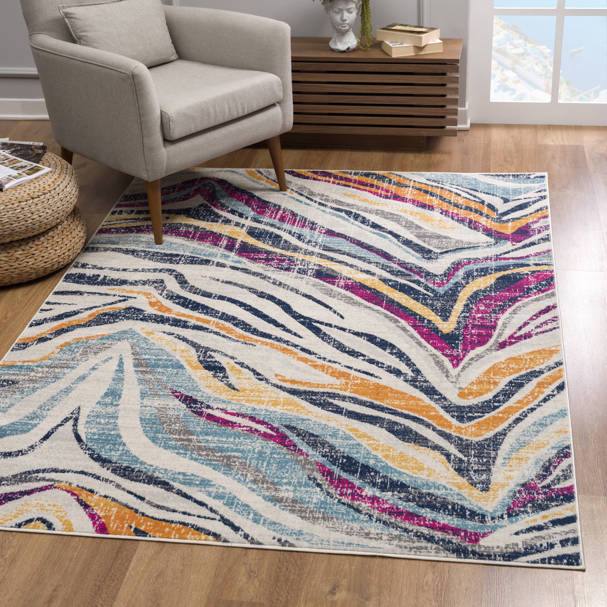 2’ X 10’ Blue And Gold Zebra Pattern Runner Rug