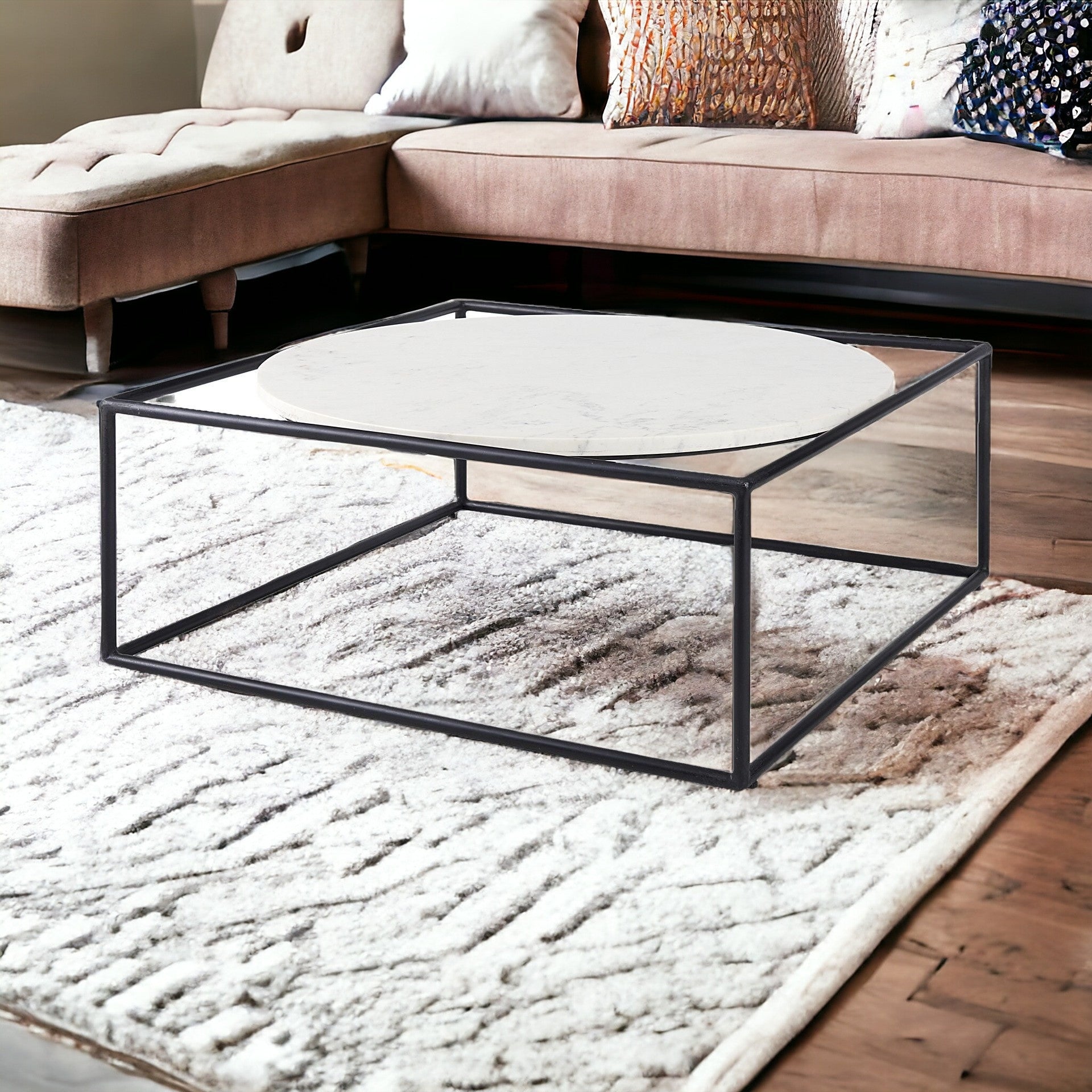 White Marble Metal Frame Round In Square Coffee Table