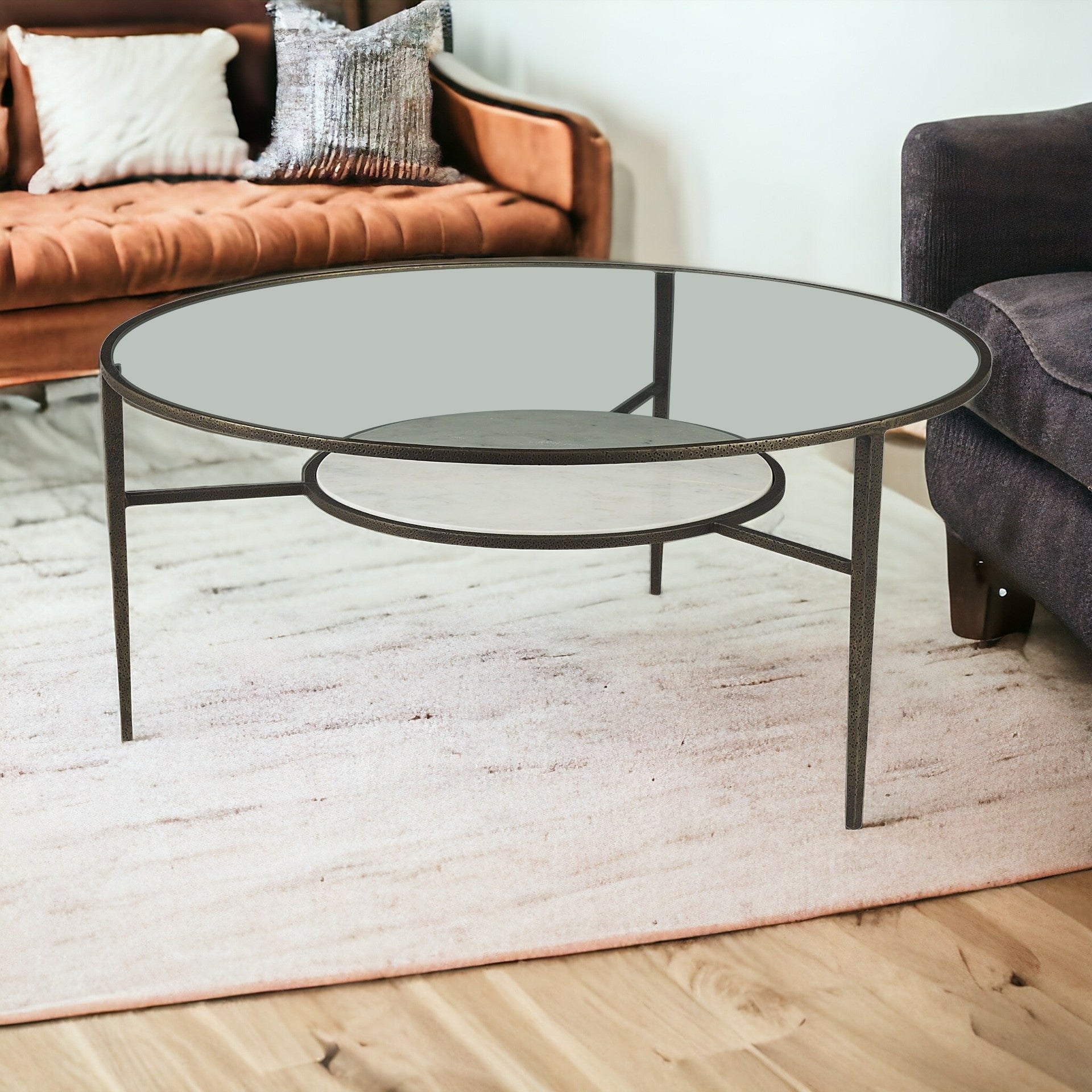 Iron Glass And Marble Round Coffee Table